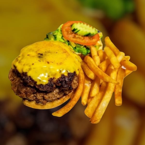 A Maza Grill halal cheeseburger with melted cheese, lettuce, tomato, and a side of golden fries.